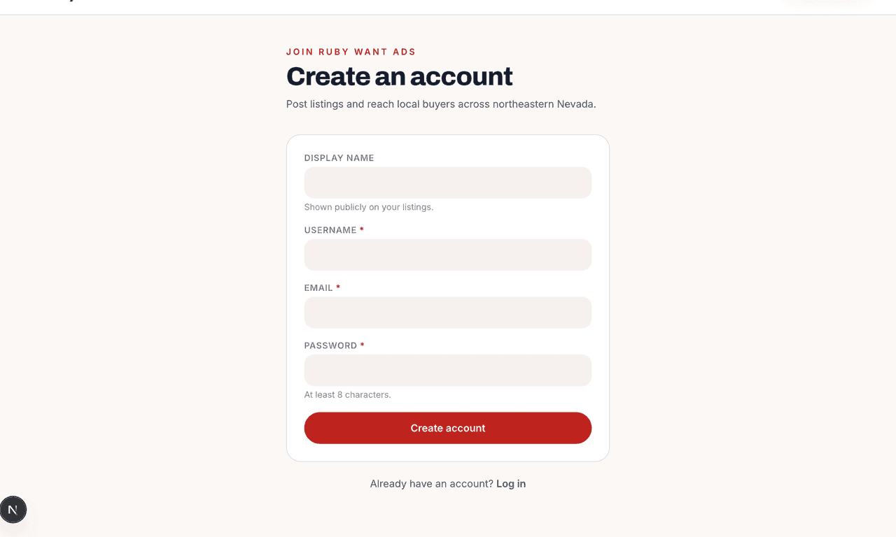 Ruby Want Ads registration form showing display name, username, email, and password fields