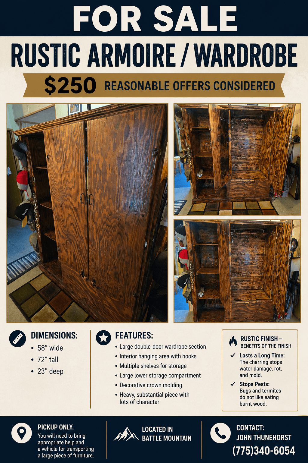 Rustic Armoire / Wardrobe – $250 Reasonable Offers Considered