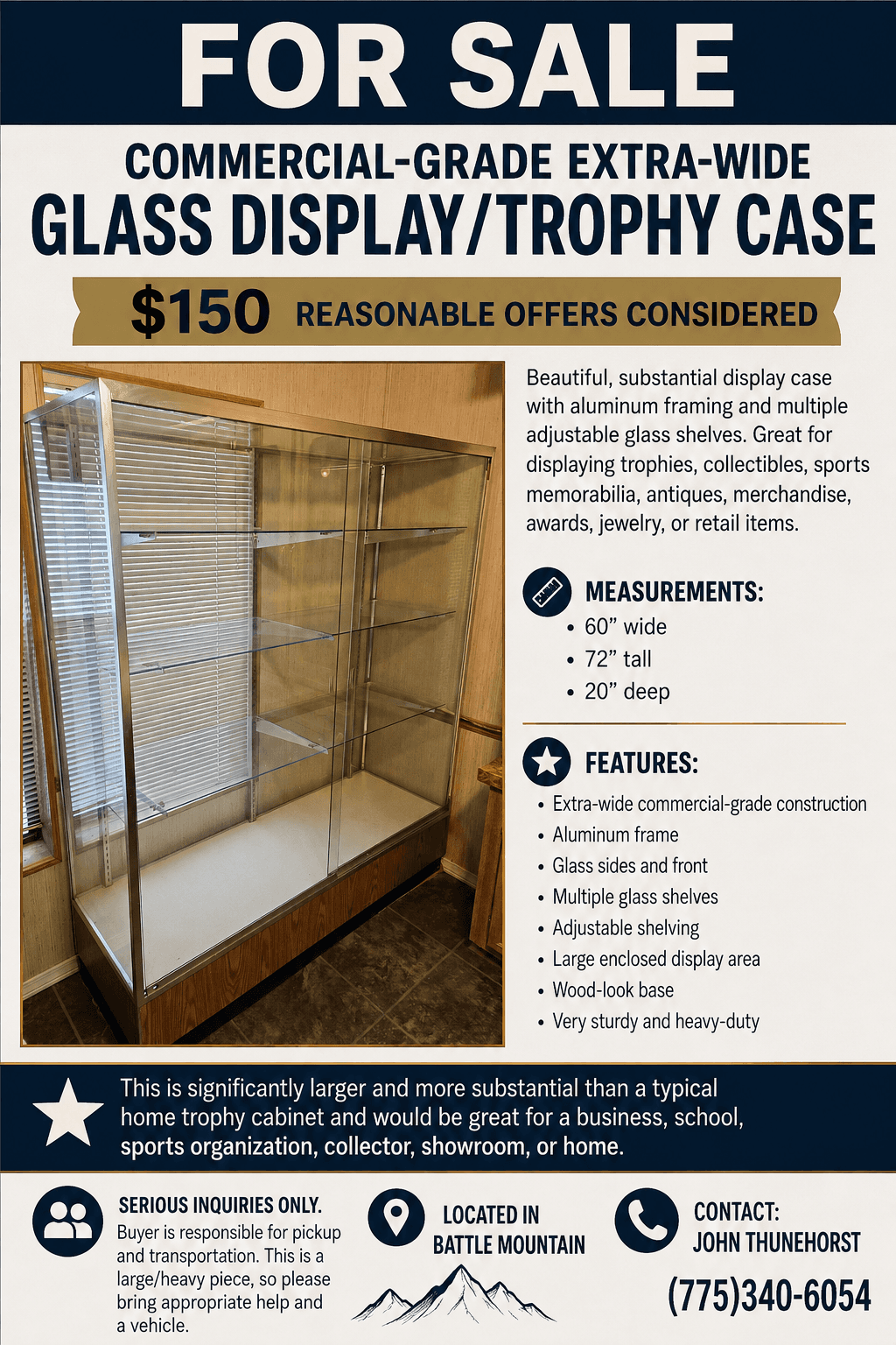 Commercial-grade extra-wide glass display/trophy case $150 Reasonable Offers Considered