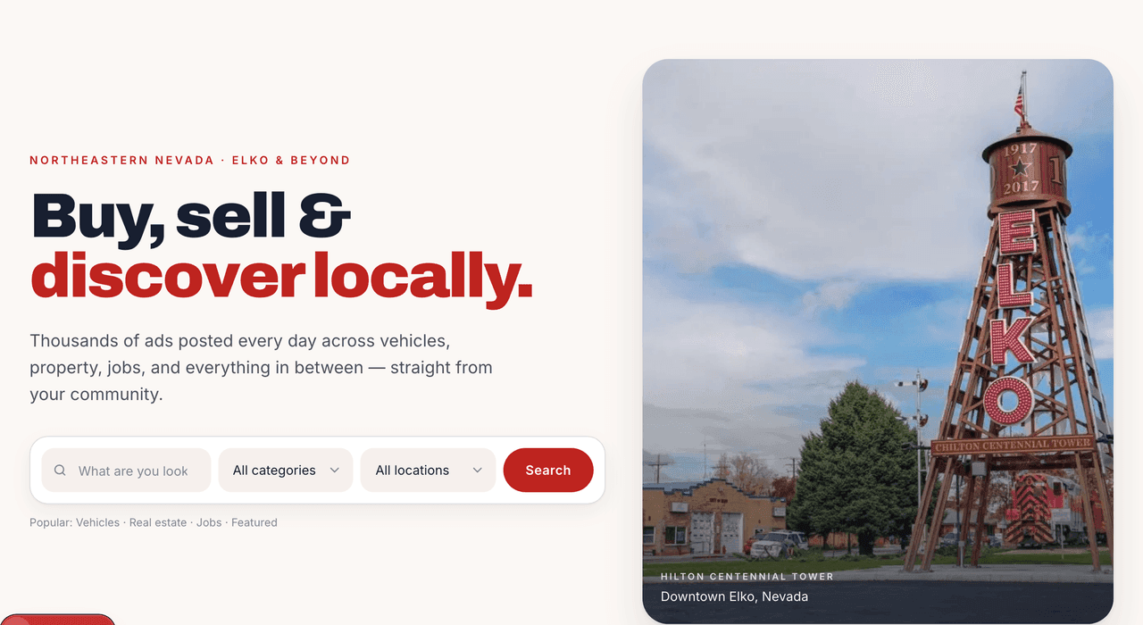 Ruby Want Ads home page with search bar and category shortcuts