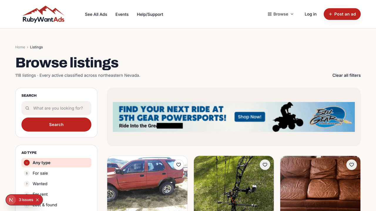 Listings page with a grid of listing cards — how your ad appears to buyers browsing