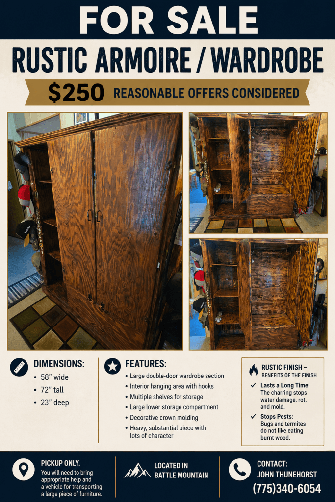 Rustic Armoire / Wardrobe – $250 Reasonable Offers Considered