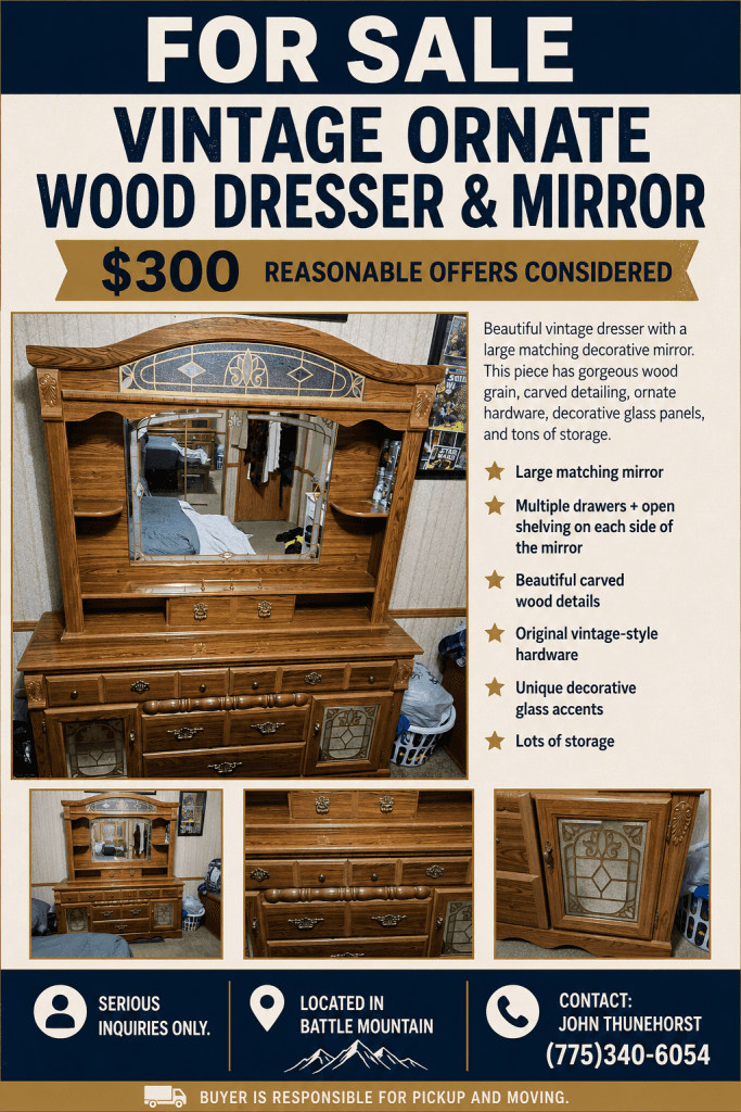 Vintage Ornate Wood Dresser & Mirror – $300 Reasonable Offers Considered.
