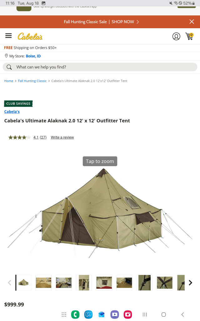 12X12 Cabelas Alaknak wall tent