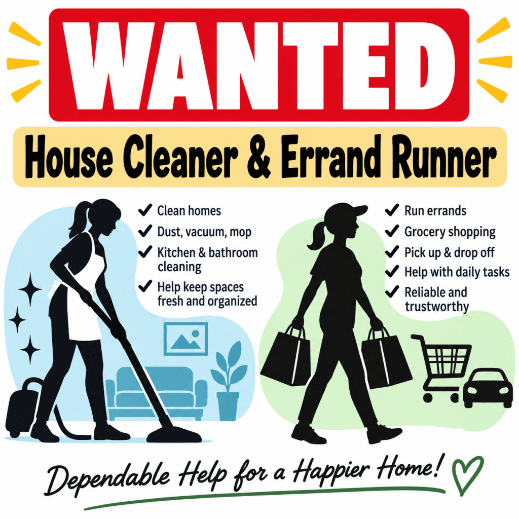 HOUSE CLEANER & ERRAND RUNNER WANTED